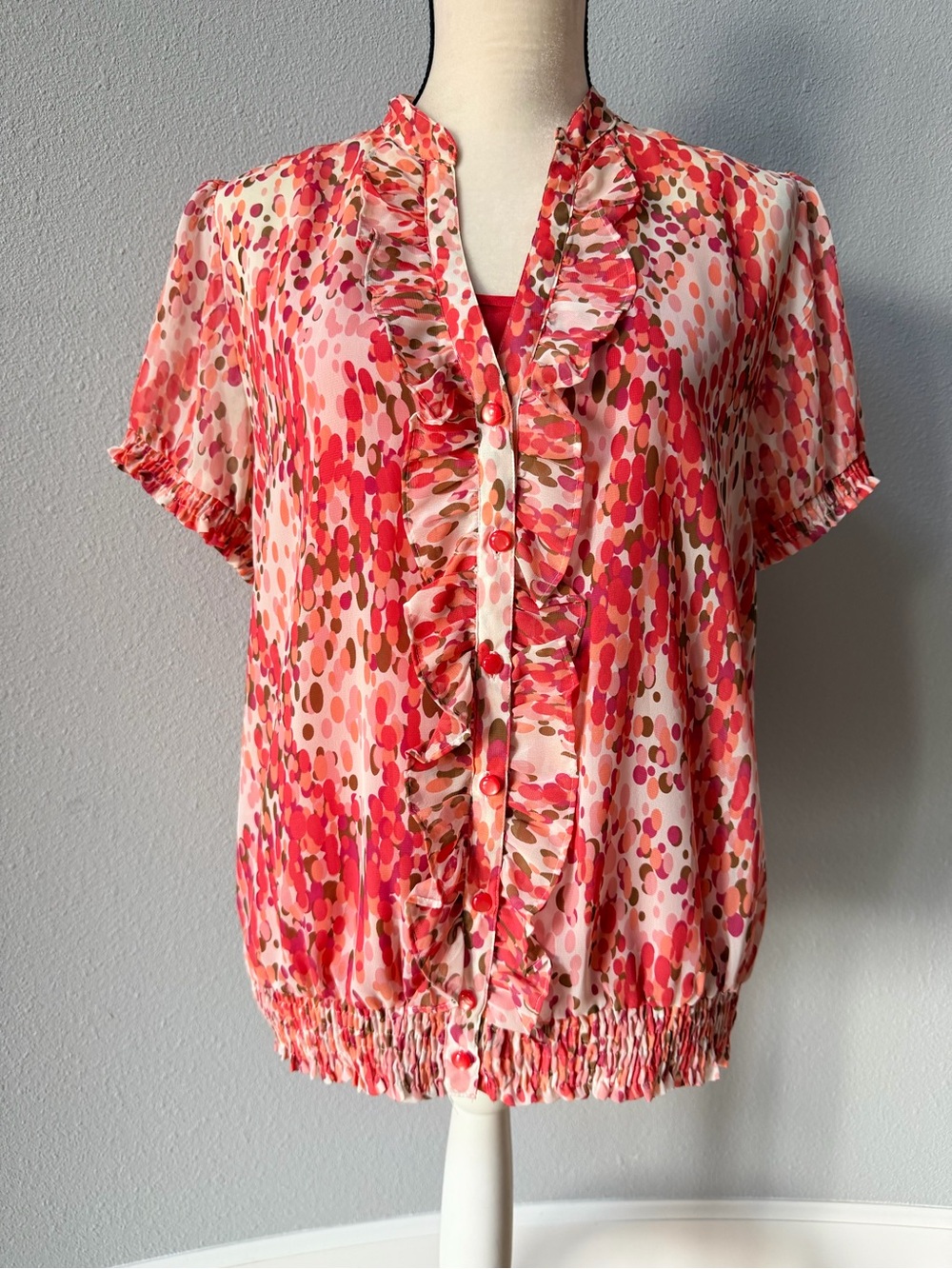 Apt. 9 Ruffle Button Up Bubble Hem Blouse & Cami Set Pink Orange Dot Size L